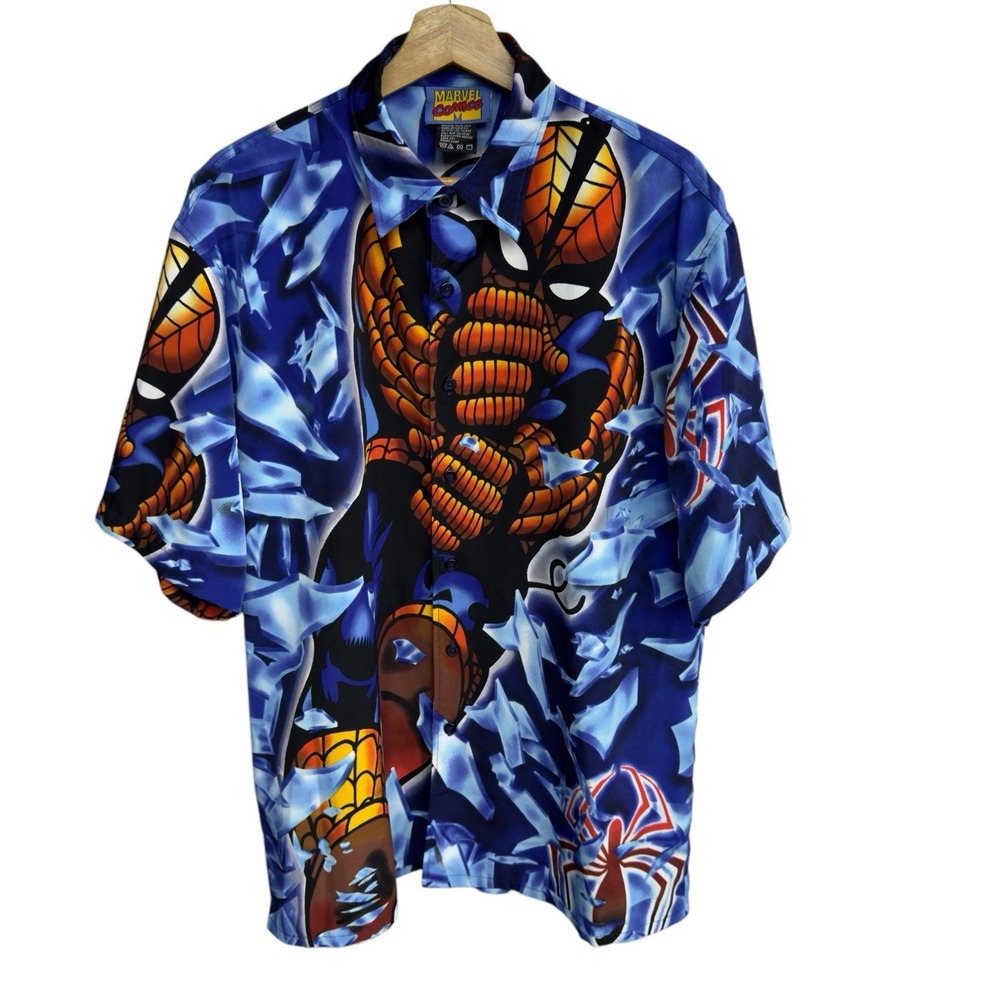 Marvel Comics Spiderman Vintage 2001 Y2K Mens L Button Front AOP Polyester Shirt